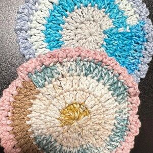 Handmade Round Crochet Coasters - Pink, Blue, Cream, Gold Accents